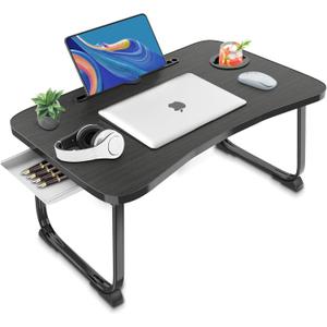 Fayquaze Portable Foldable Lap Desk with Storage Drawer and Cup Holder - Laptop Bed Stand Tray Table for Eating, Reading and Working (Blacksilver)