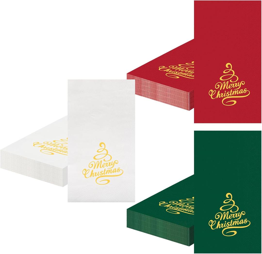 150 Pcs Merry Christmas Guest Napkins 3 Ply Red Green White Disposable Paper Napkins Tree Dinner Hand Towels Folded Dinner Serviettes Hand Towels for Christmas Party Supplies Table Decor