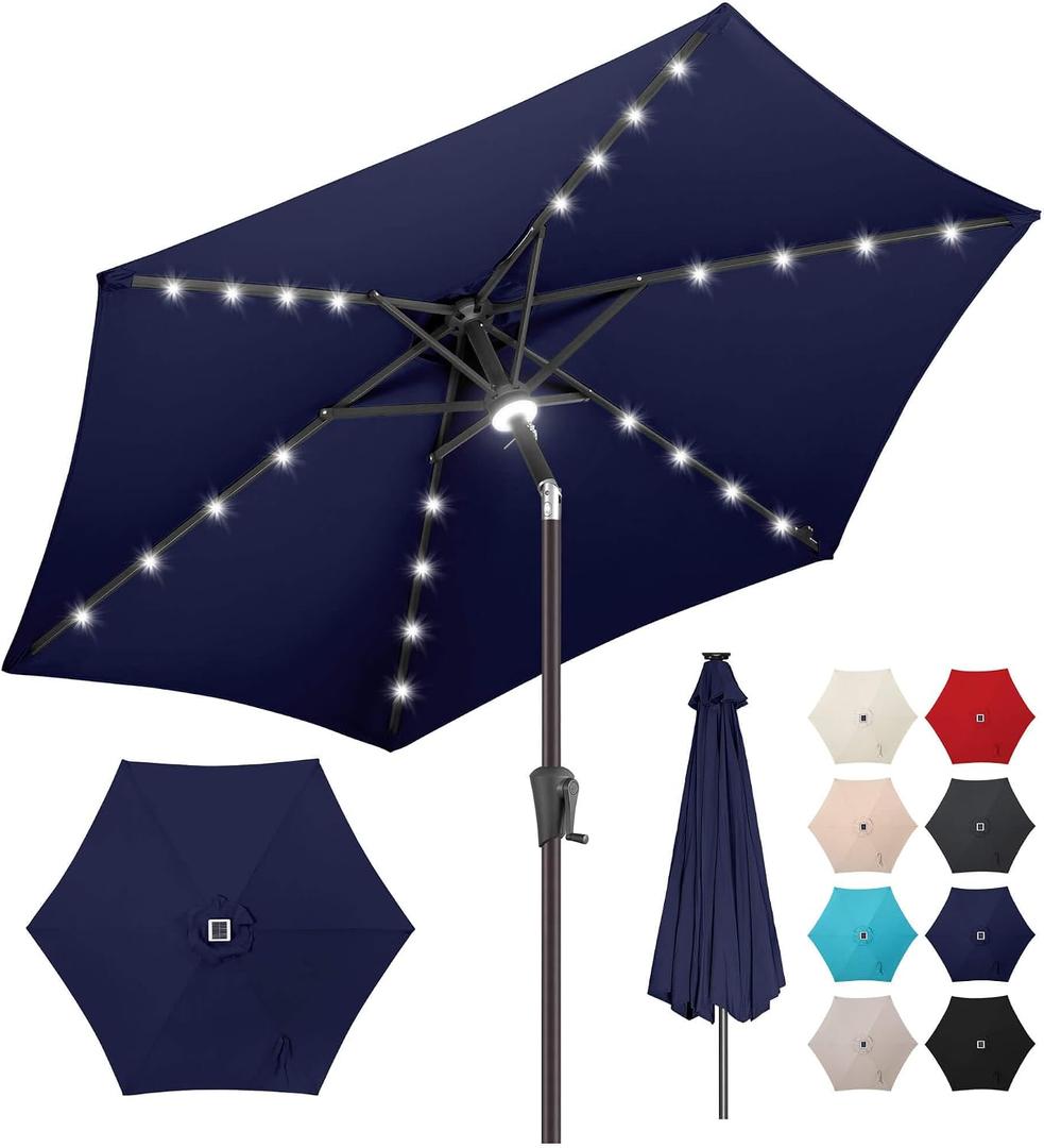 7.5ft Solar Umbrella Outdoor - Lighted Solar Patio Umbrella with 24 LED Lights Waterprool UV Protection, Table Umbrella with Tilt for Pool, Porch, Garden, Deck, Backyard (Navy Blue)