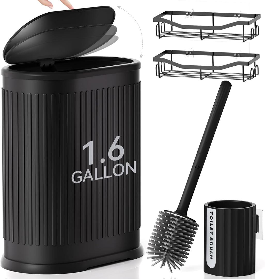 Stainless Steel Bathroom Can and Toilet Brush Set, 1.6 Gallon Small Black Garbage Can with Press Type Lid, Black Narrow Wastebasket for Bathroom Bedroom