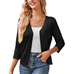 GRACE KARIN Women 3/4 Sleeve Hollowed-Out Cropped Cardigan Sweater Open Front Lightweight Shrugs Mediu