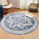 WITSHOCK Area Rug Round Rugs, 4Ft Oriental Circle Area Rugs for Living Room Machine Washable Non Slip Stain Backing Rug Soft Foldable, Vintage Rugs Home Office Kitchen Hallway Bedroom, Blue