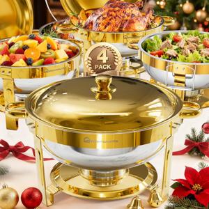 WARMOUNTS Gold Chafing Dishes for Buffet 4 Pack, 5QT Stainless Steel Round Chafers and Buffet Warmers Sets with Lid Holder, Rolled Rim Process, Stackable Design, for Catering, Parties, Weddings