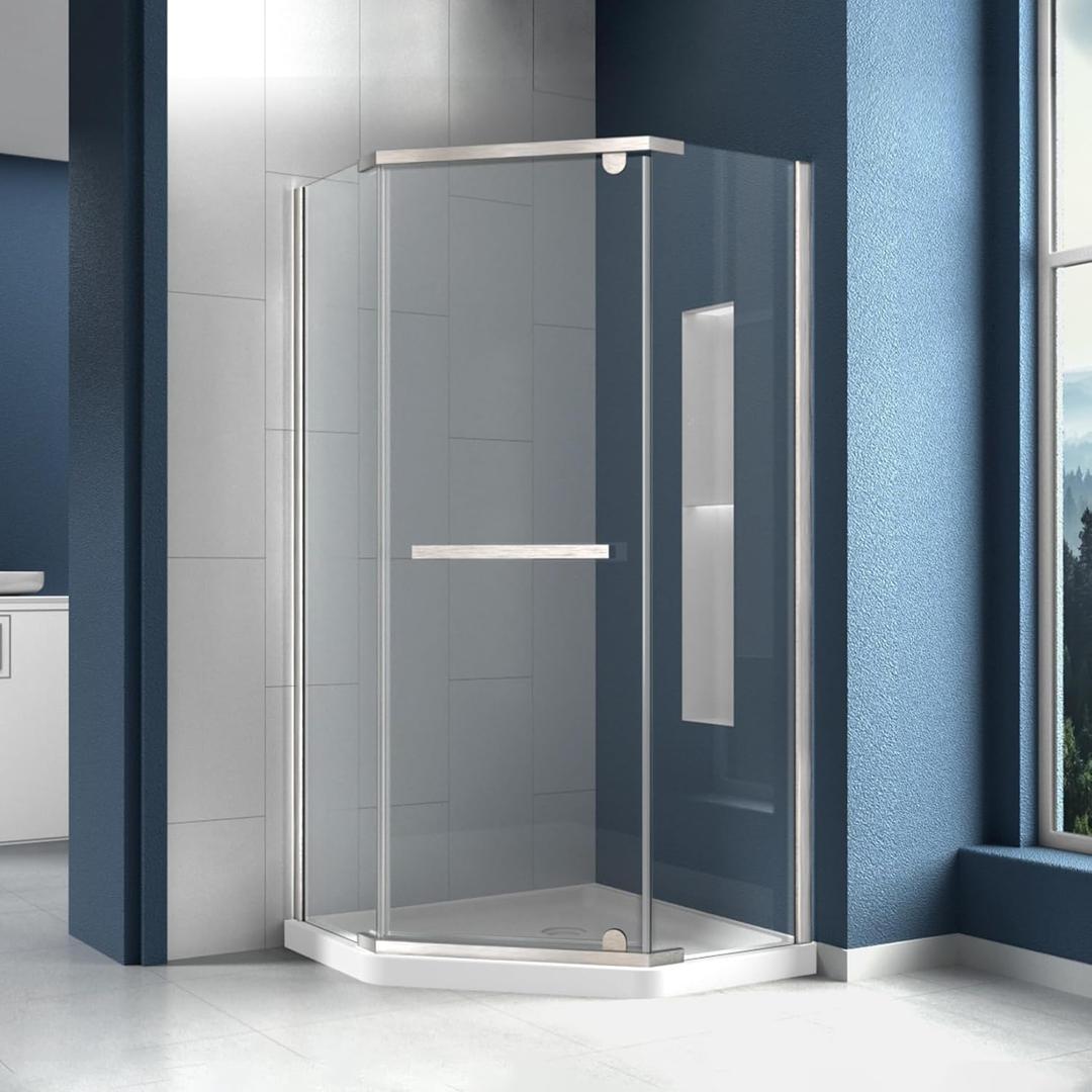 CKB 38 in. D x 38 in. W x 72 in. H Neo-Angle Shower Door, 1/4" (6mm) ANSI Tempered Glass with Easy Clean. Frameless Pivot Shower Enclosure with Towel bar. Reversible for Left or Right, Brushed Nickel