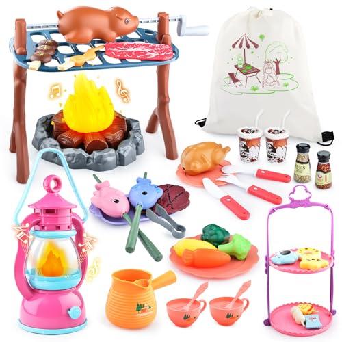 Kids Camping Toys Set 50 PCS with Campfire, BBQ Grill, Food Toy and Lantern Kids Camping Gear with Storage Bag for Pretend Play, Outdoor Indoor Learning, Christmas Birthday Gift for Toddlers Ages 3-5