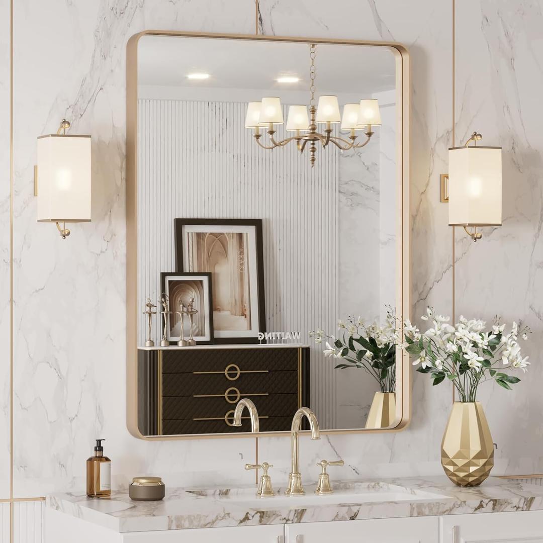 LOAAO 24X32 Gold Bathroom Mirror, Rounded Rectangle Gold Frame Mirror, Brushed Gold Bathroom Vanity Mirror Wall-Mounted, Anti-Rust, Hangs Horizontally or Vertically