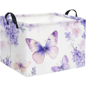 Rectangular Kids Storage Basket Baby Storage Basket with Handles for Home Kitchen Boys and Girls Cute Toy Storage Bin Organizer Shelf Book Room Decor(Purple Butterfly)