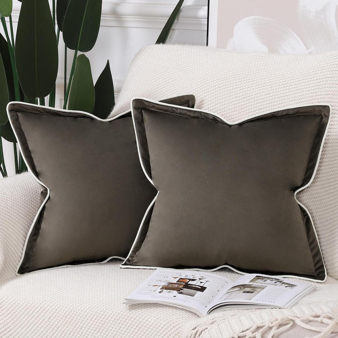 MADIZZ Set of 2 Velvet Fringed Throw Pillow Covers 18x18 Inch Dark Taupe Soft Decorative Cushion Cover for Sofa Bedroom Pillow Shell