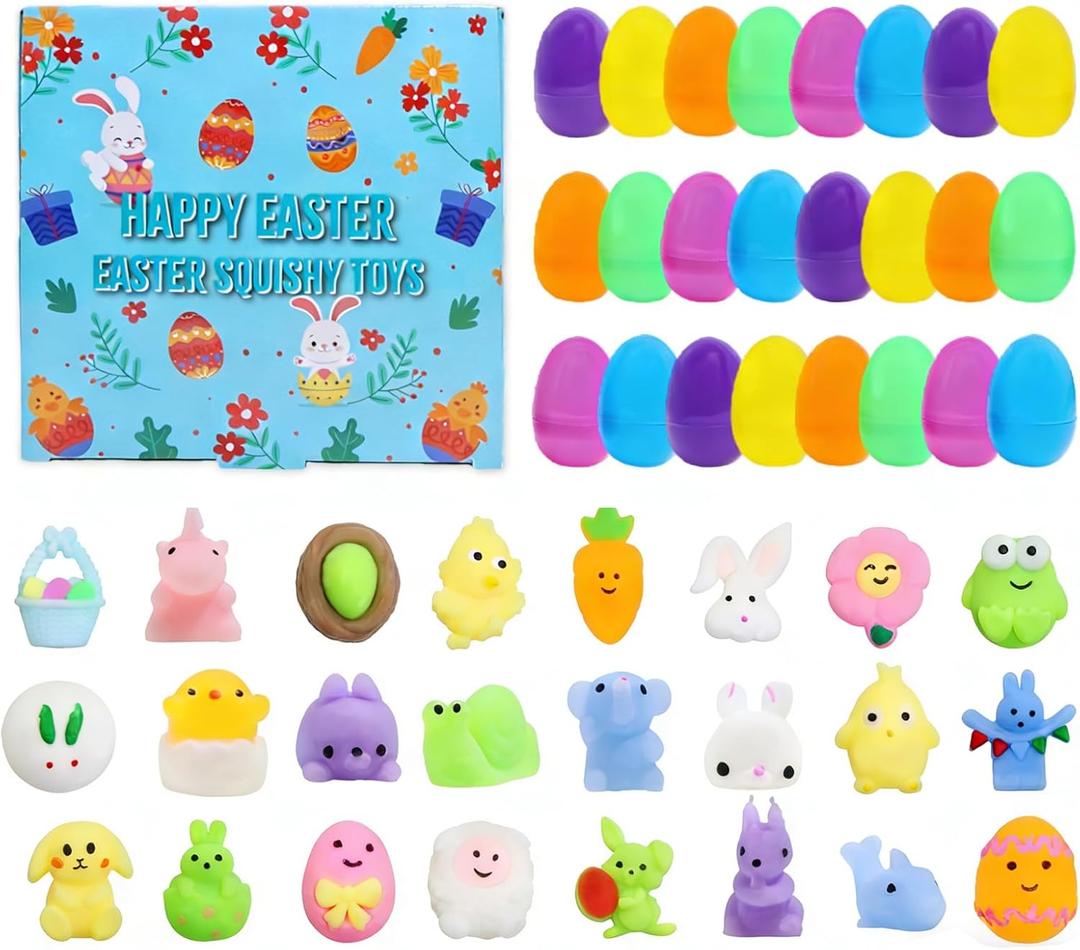 Easter Egg Fillers - 24 Pack Kawaii Mochi Squishy Toys for Easter Basket Stuffers, Mini Cute Squishies Squeeze Toy Party Favors, Easter Gifts for Kids Classroom Prizes School Rewards (Easter+Eggs)