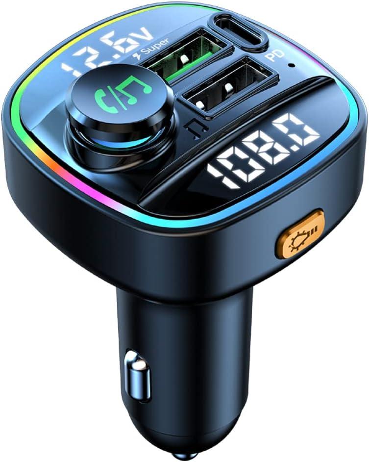 Bluetooth FM Transmitter for Car, Hands Free Calling, Dual Screens Display, QC3.0 & USB-C PD 20W Quick Charger & 7 Colors LED Backlit Car Radio Bluetooth Adapter, Support USB Disk