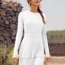 Wenrine Womens Long Sleeve Sweater Dress Casual Ribbed Knit Crewneck A Line Slim Fit Tiered Fall Mini Dresses White