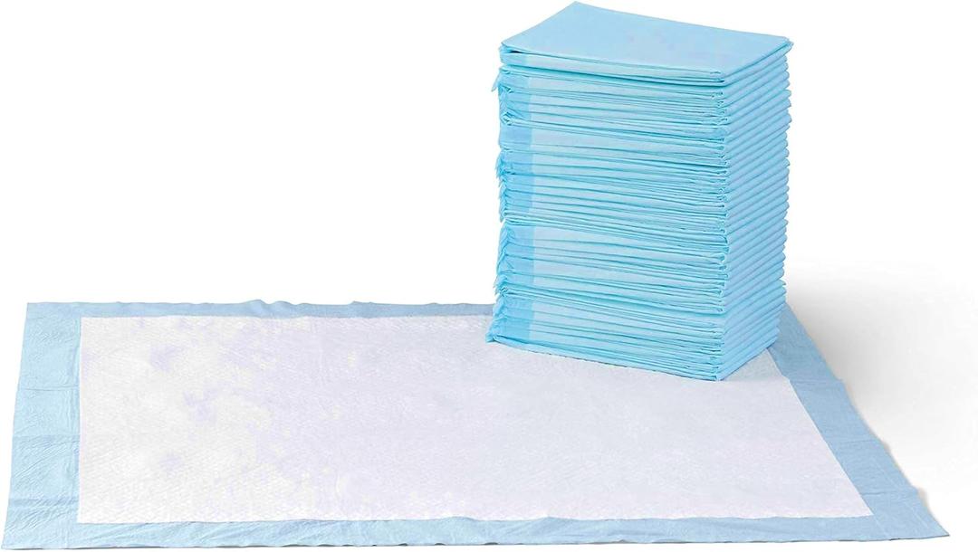 Basics Super Absorbent Dog and Puppy Potty Pads, Leak Proof 5Layer Design with QuickDry Surface for Housebreaking, Heavy Duty Absorbency, XLarge, 28 x 34 Inch, Blue & White, 25Pack