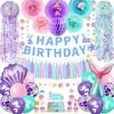 Mermaid Birthday Party Decorations - Theme Supplies Include Banner, Balloons, Paper Fans, Curtains, Sash, Headband for Cake and Party Decor