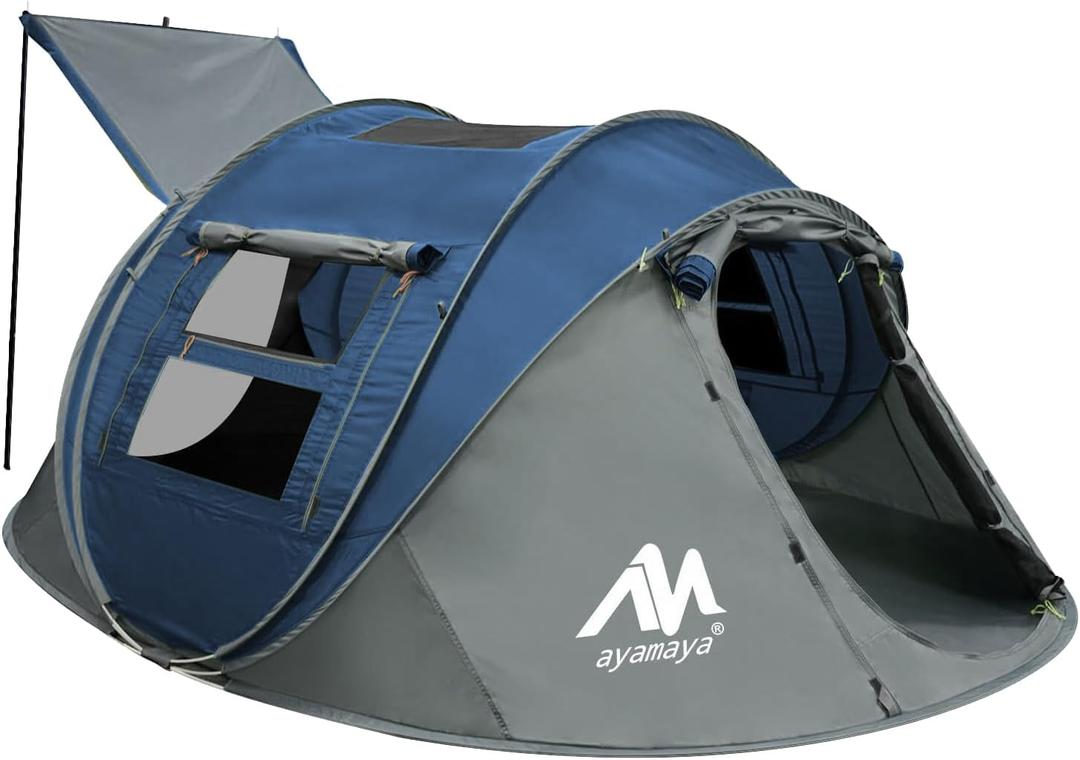 4 Person Pop Up Tents for Camping - AYAMAYA Upgraded Large Size & Skylight & Removable Rainfly & 2 Doors & Waterproof Instant Family Tents, Automatic Easy Up Tent with Poles for Camp, Travel, Beach