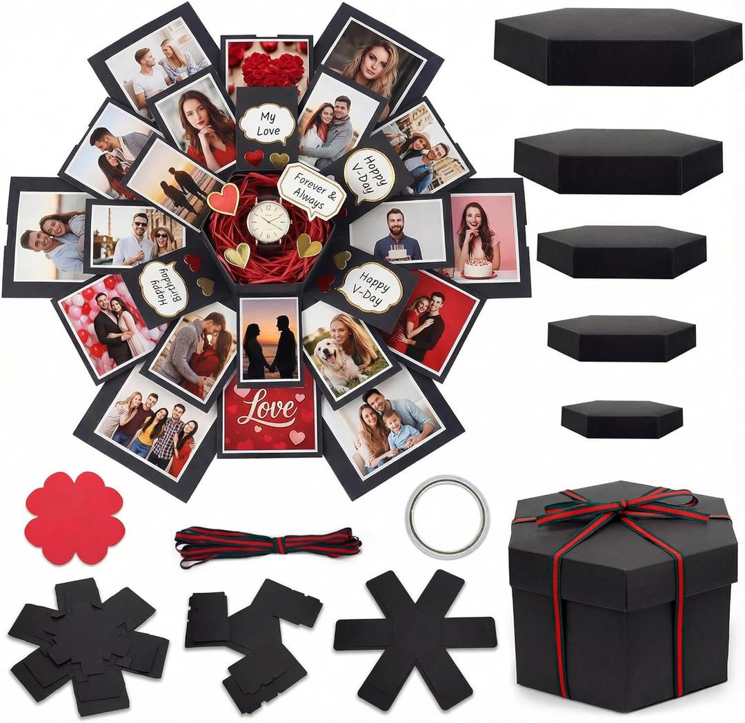 Koogel Explosion Gift Box, Handmade Exploding Photo Album Preassembled Surprise Picture Pop Up Love Box with Creative DIY Scrapbooking Accessories for Anniversary Birthday Wedding (Black)