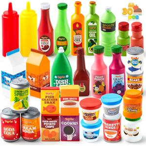 JOYIN 30Pcs Play Food Grocery Cans, Play Kitchen Accessories, Includes Drink, Juice, Jar, Seasoning, Water Bottle, Sauce, Yogurt, Ice Cream, Snack Box, Kids Gifts & Indoor Toys