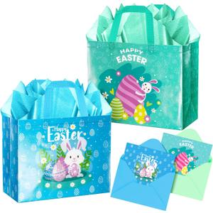 Jaywayang 2Pcs 12.6" Happy Easter Gift Bags with Tissue Paper, Envelope and Card, Reusable Non-Woven Bag with Handles for Kids Easter Party Supplies (Blue, Cyan)