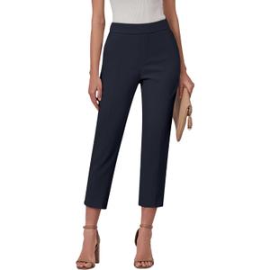 GRAPENT Capri Pants for Women High Waisted Pull On Dress Pants Slim Straight Leg Stretchy Waist Capris Trousers Pants (X-Large, Navy Blue)
