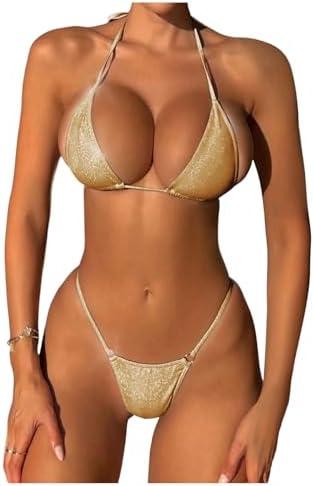 SOLY HUX Women's Metallic Bathing Suit Halter Micro Triangle Top Swimsuit String Thong Two Piece Bikini Sets, Size M
