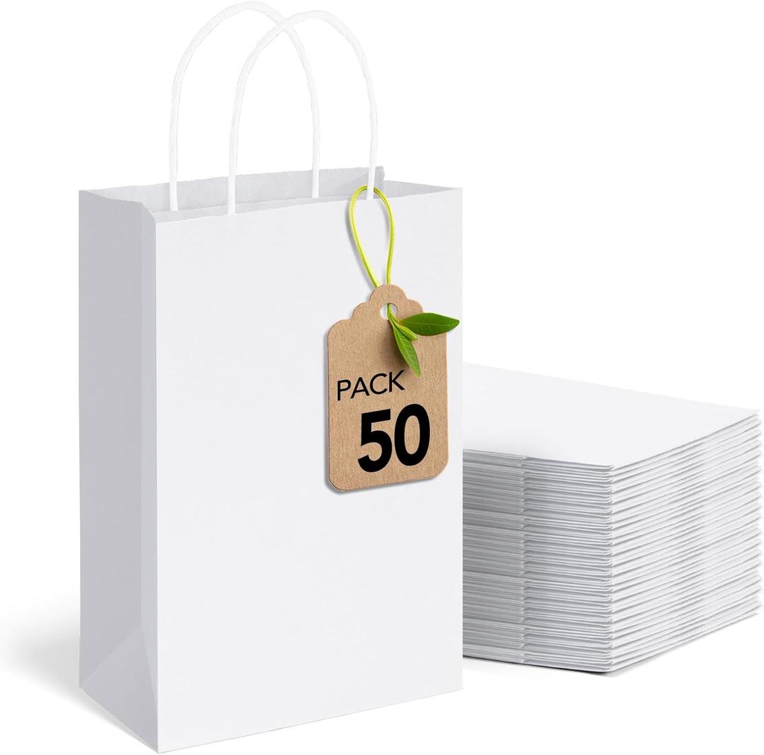 MESHA White Gift Bags 5.25 x 3.75 x 8 Inch 50 Pack,Small Paper Shopping Bags with Handles Bulk,Heavy Duty Reusable for Business, Birthday, Wedding, Party Favors, Made in USA