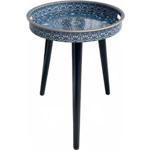 Small Round Side Table with Boho Mandala Pattern Tray - 13" Vintage Navy Blue Tripod End Table with 3 Moisture-Resistant Wrapped Wood Legs - Cute Accent Nightstand for Living Room & Bedroom