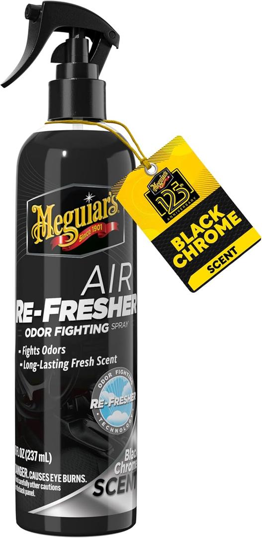Meguiars Air Re-Fresher Odor Fighting Spray - Black Chrome Scent - Convenient Car Air Freshener that Instantly Fights Odors and Leaves Behind a Long-Lasting, Refreshing Black Chrome Scent, 8 Oz Spray