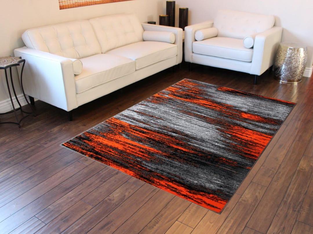 Masada Rugs, Modern Contemporary Area Rug, Orange Grey Black (5 Feet X 7 Feet)