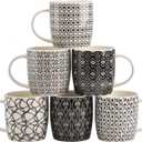 Okllen 6 Pack 11.5 Oz Coffee Mugs Geometric Textured, Ceramic Coffee Mugs Stylish Tea Cup Mugs Set Gift for Latte, Cappuccino, Milk, Water, Cocoa, Cereal, Black and White