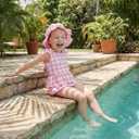 Toddler Girl Gingham Swimsuit Cow Print Sleeveless Ruffle Top Swim Shorts Sun Caps Infant Baby 3Pcs Bathing Suit (Gingham Pink, 18-24 Months)