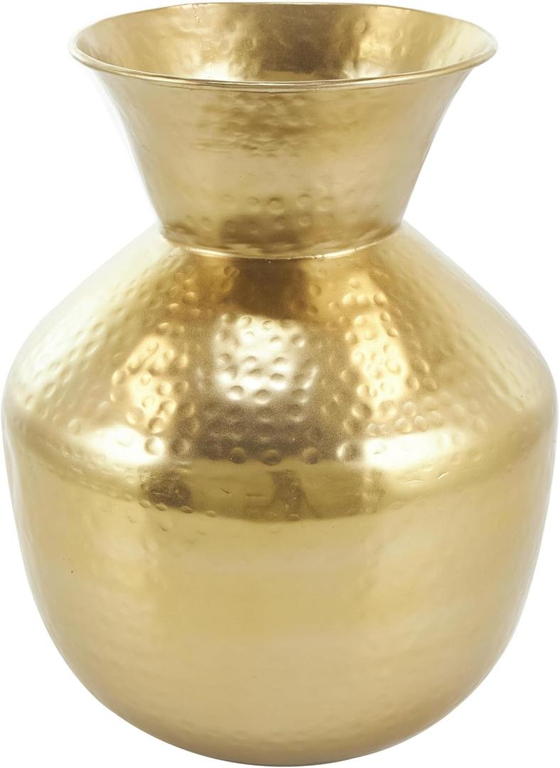 Deco 79 Metal Decorative Vase Hammered Spotted Centerpiece Vase with Fluted Top, Flower Vase for Home Decoration 10" x 10" x 13", Gold