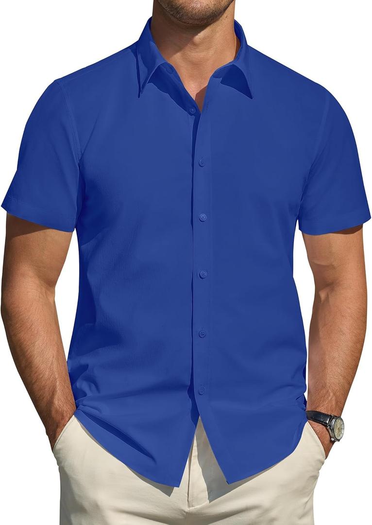 J.VER Men's Short Sleeve Dress Shirts Stretch Stain Shield Casual Button Down Shirts Solid Formal Shirt (Large, Royal Blue)