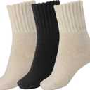 BomKinta Boot Socks for Women Winter Solid Thick Warm Socks Cozy Crew Socks Christmas Gift (Medium, Cream Cream Black -3 Pairs)