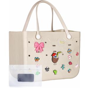 Rubber Beach Tote, Sturdy Stand-Up EVA Pool Bag with Charms & Wet Pocket, Waterproof Travel Organizer