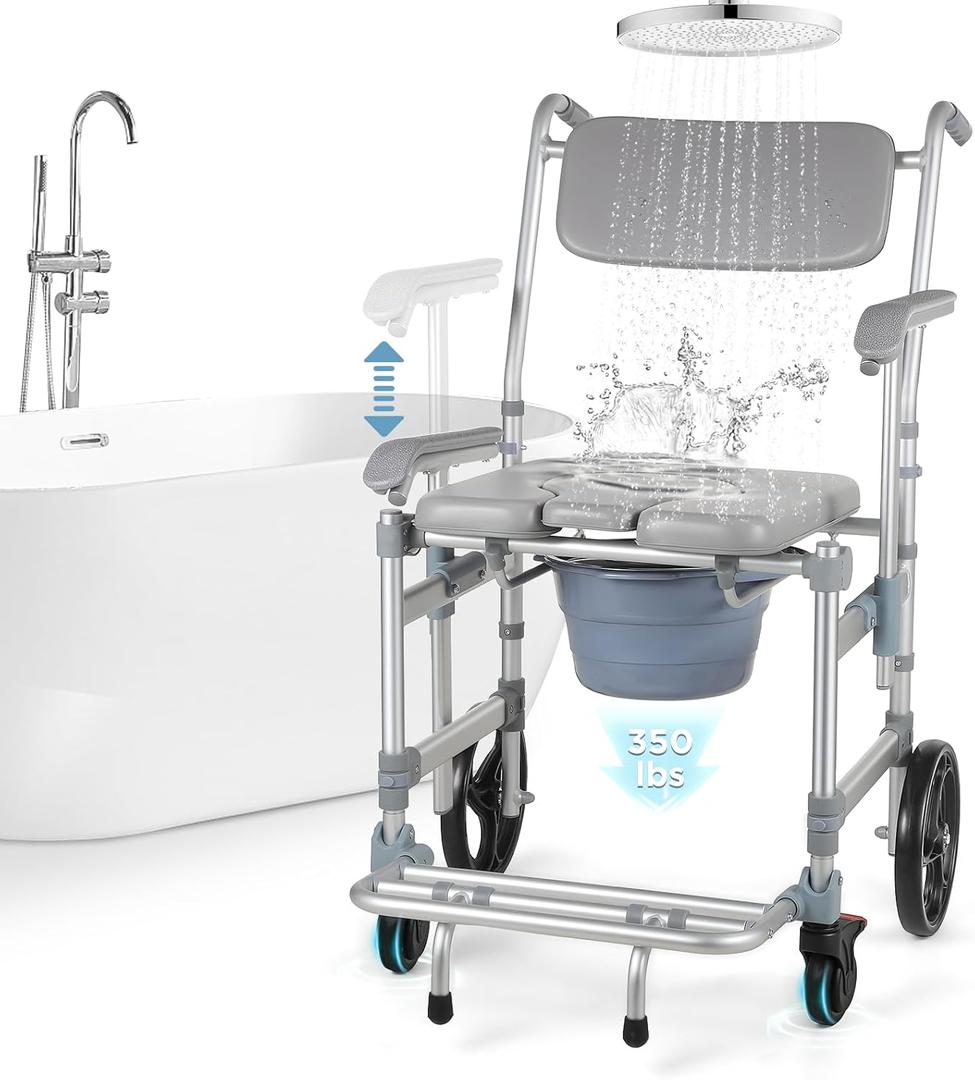 Bariatric Rolling Shower Chair: 4 in 1 Folding Bath Commode Chair for Handicap, Elderly & Injured, Adjustable Armrests for Easy Transfer | Waterproof & Soft | 360 Locking Wheels | 350lbs