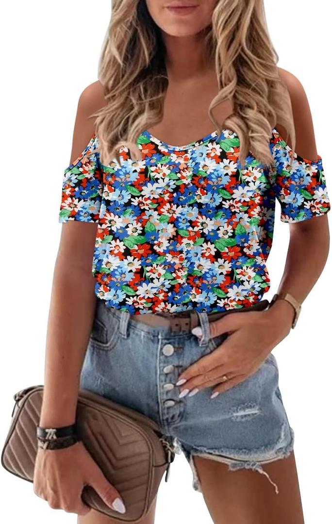 CRAZY GRID Women's T-Shirt Short Sleeve V-Neck Tops 2025 Summer Graphic Trendy Casual Comfy Tshirts (X-Large, Blue Flower)