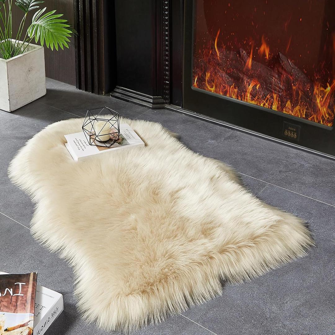 AMTOVO Faux Fur Rug, Beige Small Area Rug, Fluffy Sheepskin Rug, Fuzzy Ultra Soft 2