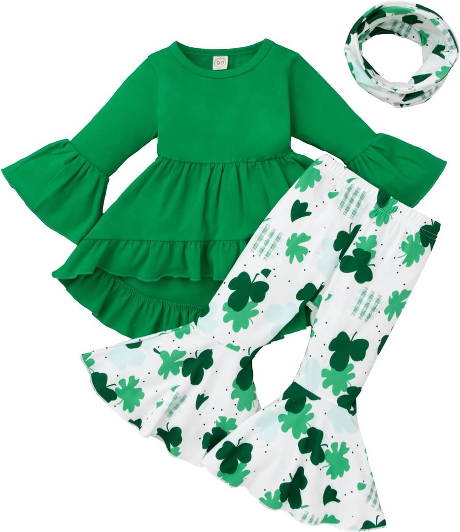 Noubeau Toddler Baby Girl St.Patrick's Day Outfits Ruffle Top Long Sleeve Dress Clover Print Flared Pants+Scarf 3Pcs Clothes (2-3T)