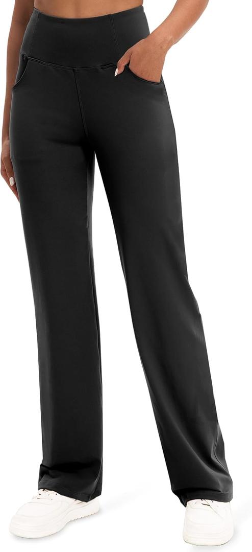 VOOVEEYA Yoga Pants Women with Pockets, Tummy Control Leggings Straight Leg High Waist Work Dress Pants Petite/Regular/Tall (Medium, Black)