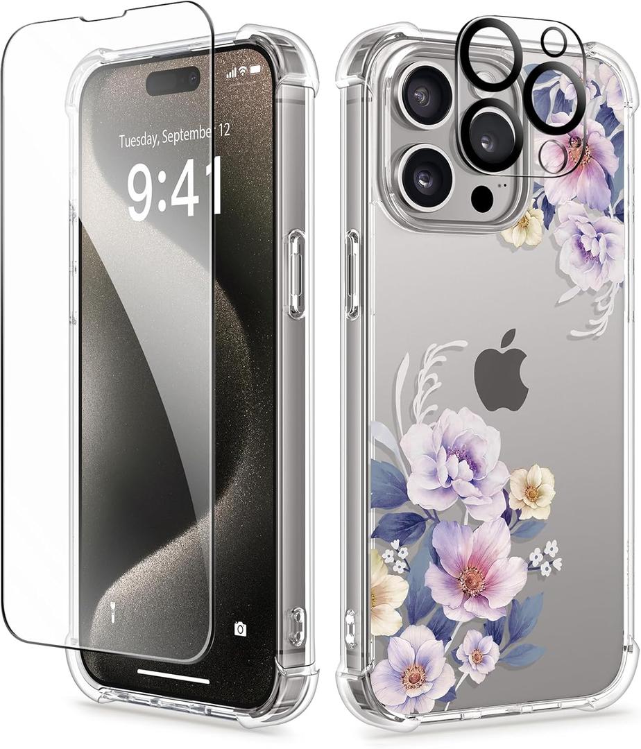 GVIEWIN for iPhone 15 Pro Max Case, [3 in 1] with Screen Protector & Camera Lens Protector, Clear Hard Shockproof Slim Fit Floral Phone Cover for Women Girls 2023 6.7"(Begonia Flowers/Blue)
