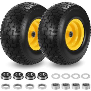 2 Pcs 15x6.00-6 Flat Free Lawn Mower Tire and Wheel, with 3" Centered Hub and 3/4" & 5/8" Bearings, 15x6-6nhs Solid Tire, Compatible with John Deere Riding Mower and Lawn Tractor Front Tires