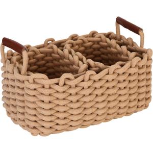 Sea Team 3-Pack Rectangle Woven Cotton Rope Storage Baskets with Handles, Shelf Basket, Closet Organizers, 3-in-1, Khaki