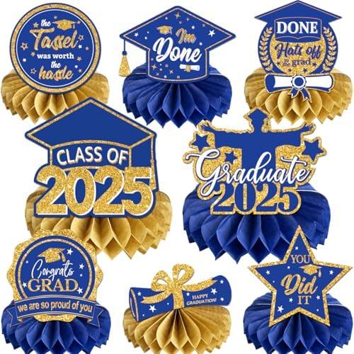 8 PCS Graduation Party Decorations Class of 2025 Blue Congrats Grad Honeycomb Centerpieces Congratulate Graduation Table Toppers for Graduation Party Supplies (Blue Gold)