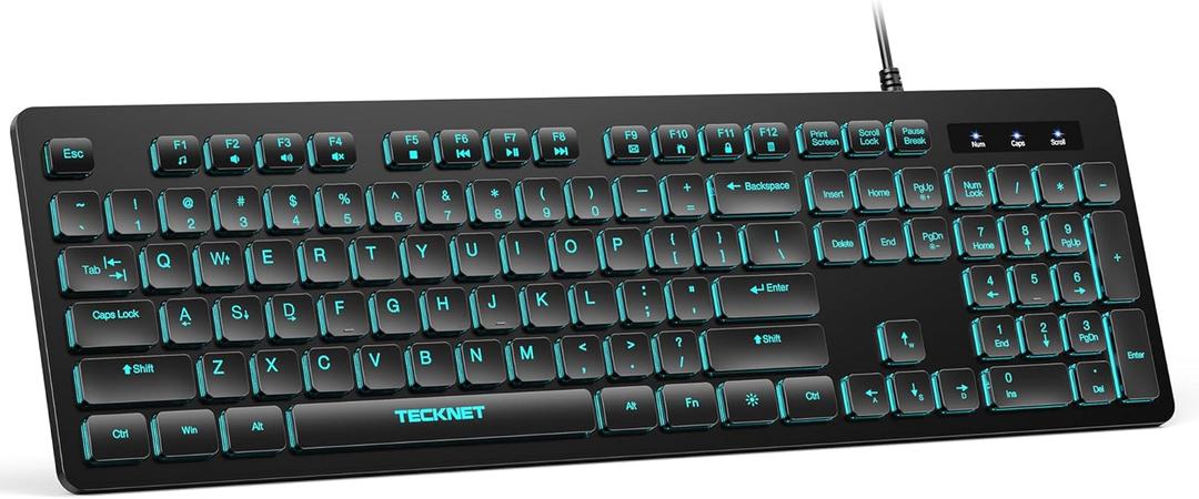 TECKNET Wired Keyboard,Silent USB Keyboard for Office,Spill-Resistant,Slim Full-Size Membrane Layout,Plug and Play for PC/Laptop/Mac-RGB Backlit