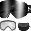Ski Goggles, Frameless Snowboard Goggles with 2 UV400 Magnet Ski Lenses for Men & Women (Black(vlt 11.6%) + Clear (Vlt 83.5%))