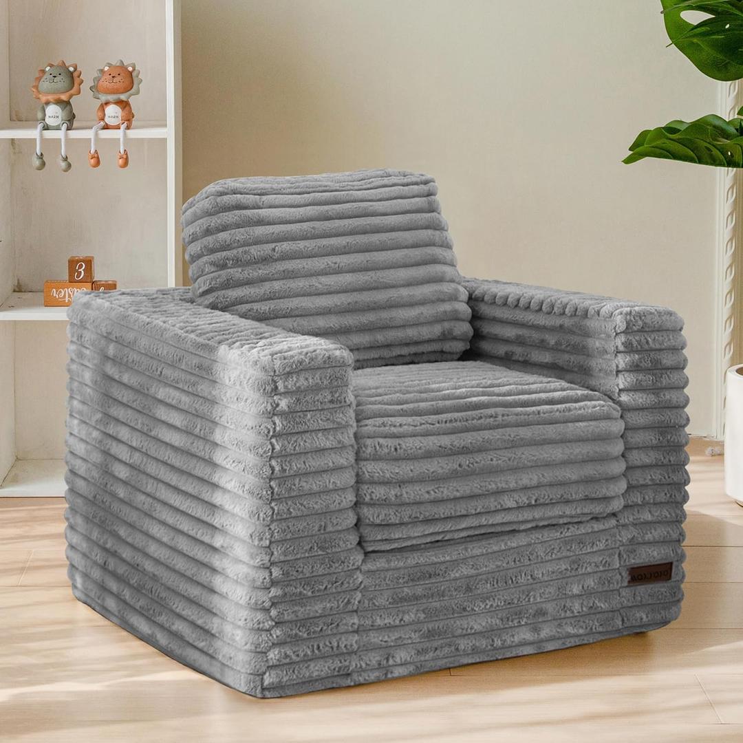 MAXYOYO Kids Bean Bag Chair, Comfy Faux Fur Bean Bag Sofa with Filler, Upholstered Floor Sofa with Pillows and Armrests, Lazy Floor Chair Couch for Boys and Girls, Grey (Single)