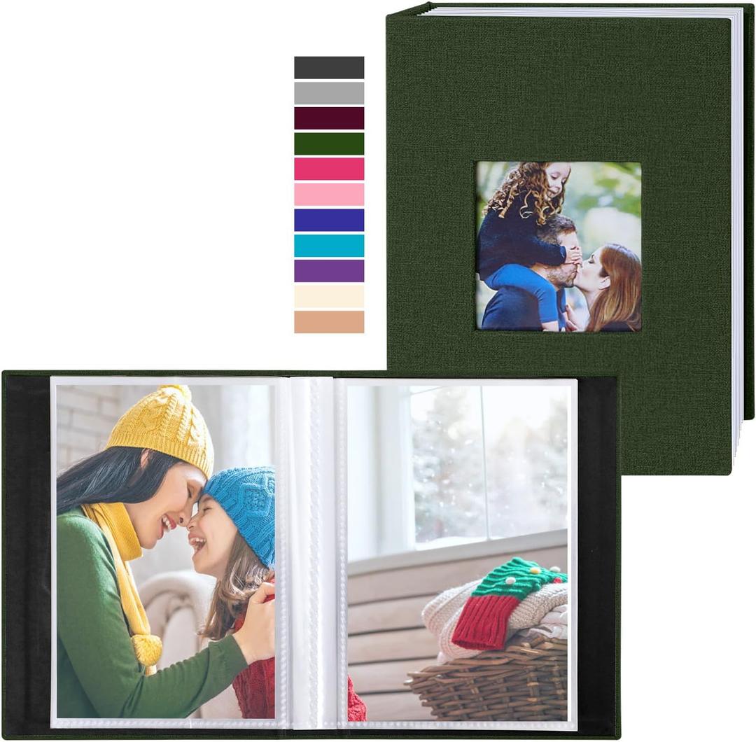 Ywlake Photo Album 4x6 100 Pockets 2 Packs, Small Mini Capacity Linen Photo Album Bulk Sets, Each Pack Holds 100 Top Loader Vertical Only Picture for Kids Boy Girls Green