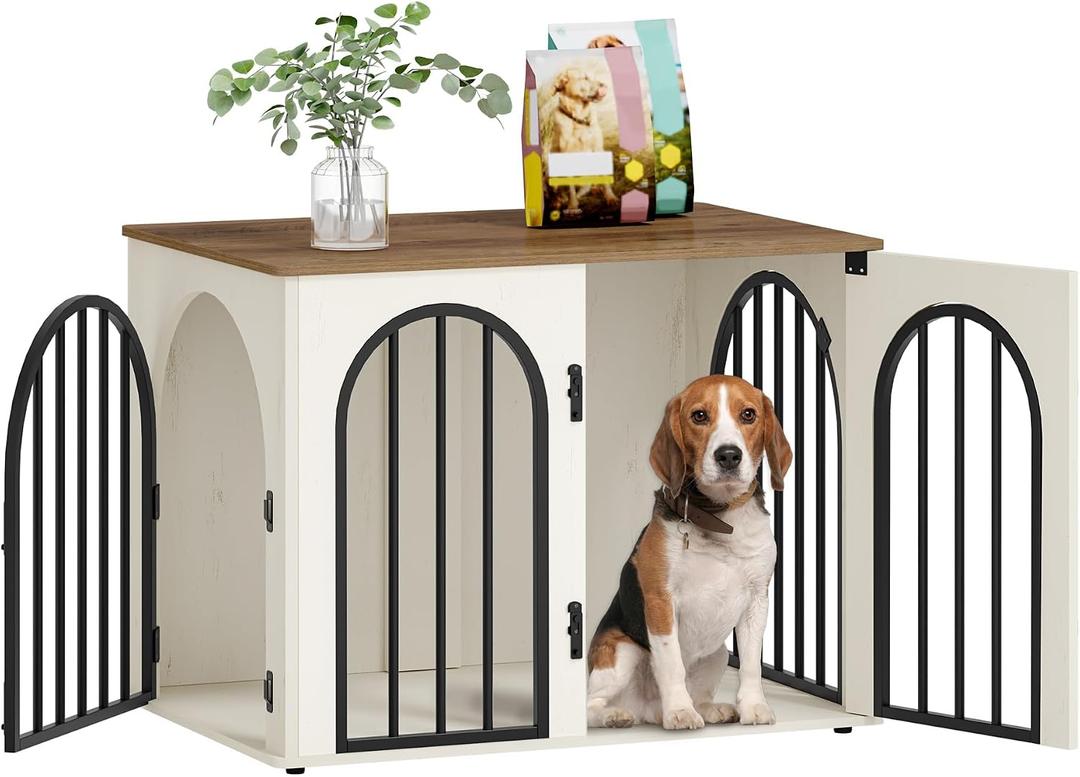 Hzuaneri 31.5'' Wooden Dog Crate Furniture, Indoor Dog Kennel Dogs Cage for Small/Medium Dogs, Heavy Duty Dog Crates Decorative Pet House End Side Table TV Stand, White Brown DFC85114B
