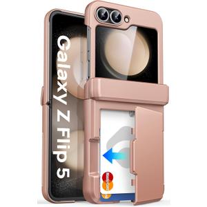 for Samsung Galaxy Z Flip 5 Case with Card Holder (3 Cards) & Hinge Protection & Outer Screen Protector, Shockproof Rugged Cover Phone Wallet Case for Samsung Galaxy Z Flip 5 2023, Rose Gold