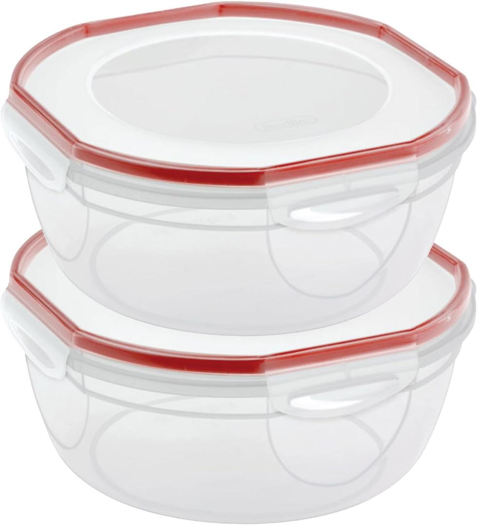 Sterilite Ultra-Seal 8.1 Qt Bowl, Large Airtight Food Storage Container, Latching Lid, Microwave and Dishwasher Safe, Clear With Red Gasket, 2-Pack