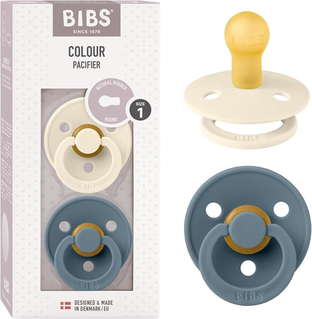 Bibs Pacifiers Color Collection, Set of 2 BPA-Free Latex Pacifiers Made in Europe, Round Nipple Baby Pacifier. (0+ Month (Pack of 2), Ivory / Petrol)
